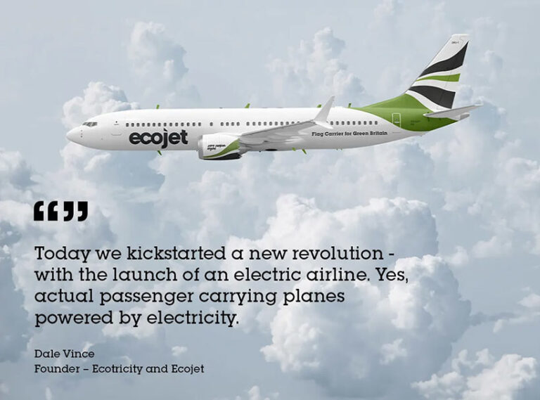 Ecotricity, a companhia aérea totalmente vegana e elétrica, alimentada por energia renovável.
